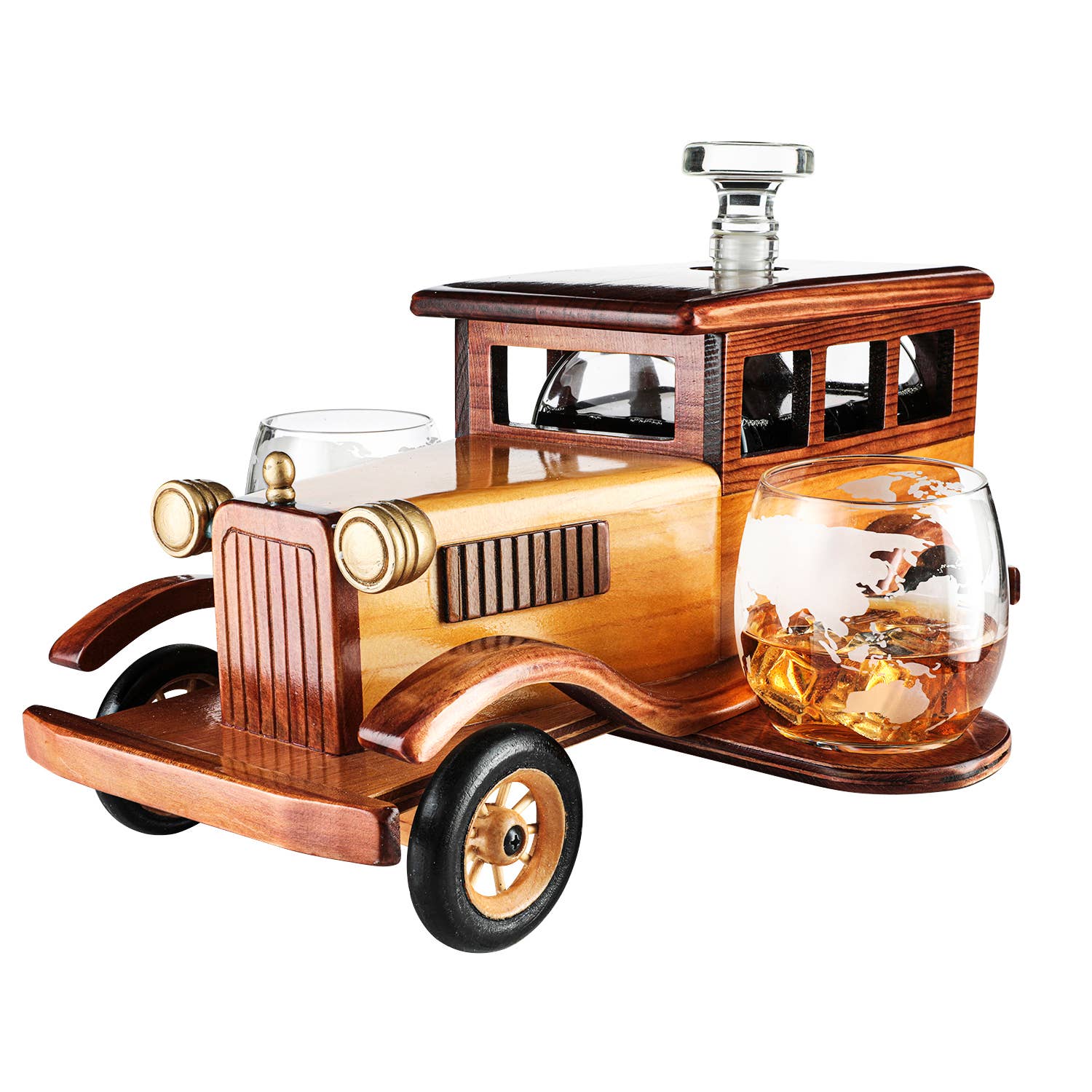 Wine Savant vintage car whiskey decanter set with wooden antique automobile display and world map whiskey glass