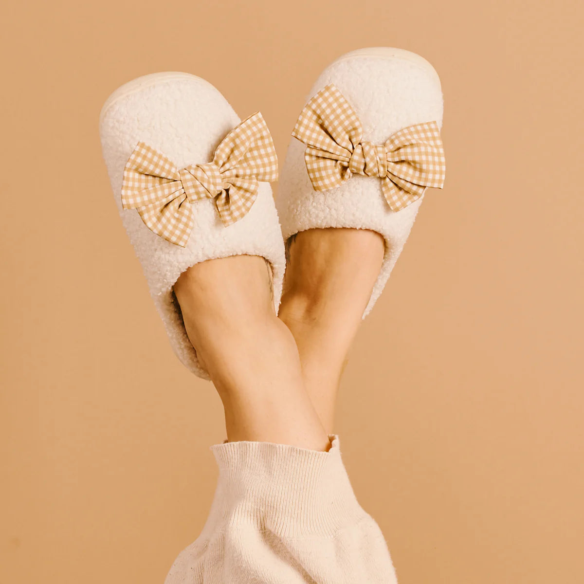 Betty Bow Maple Gingham Fuzzy Slippers