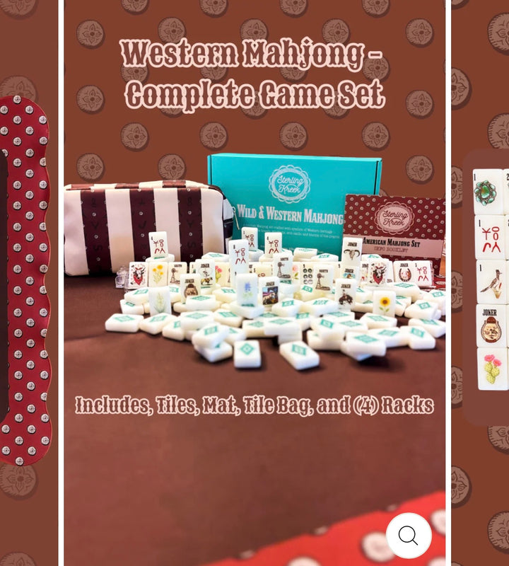 Western Mahjong Complete Game Set with tiles, mat, tile bag, and racks on a brown background.