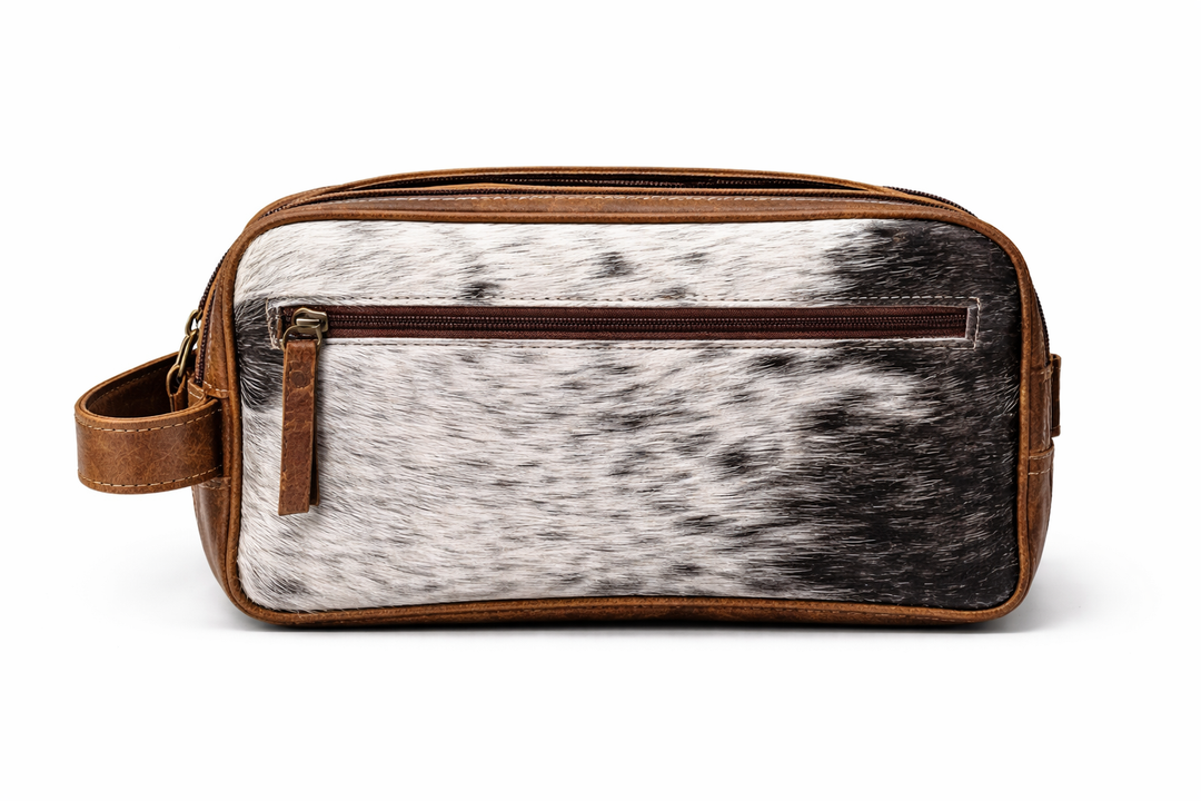 Hair-on cowhide travel bag with handle detail