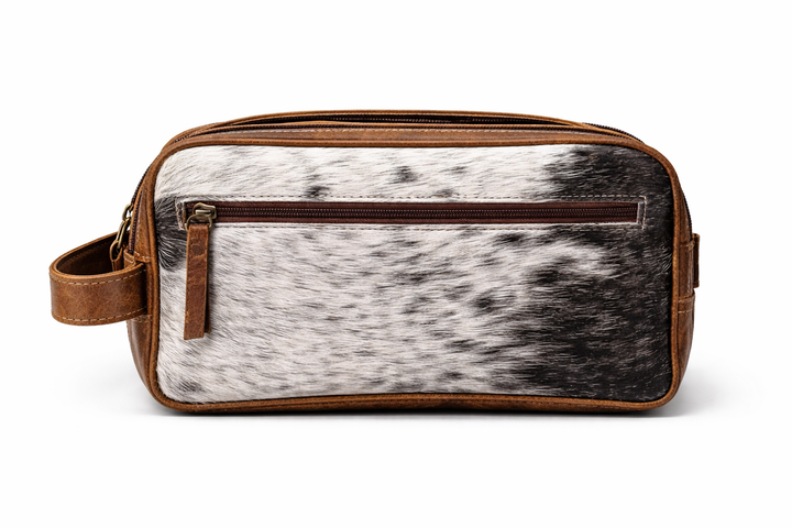Hair-on cowhide travel bag with handle detail