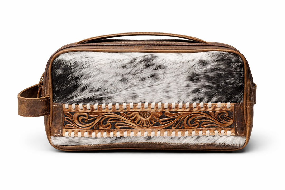Western cowhide leather toiletry bag front view