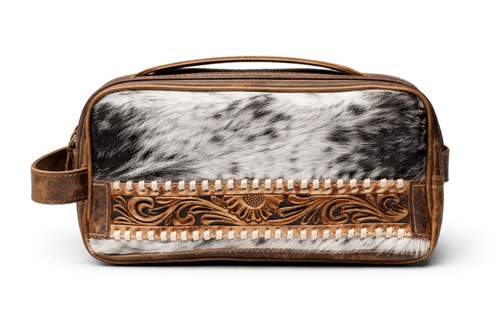 Western cowhide leather toiletry bag front view