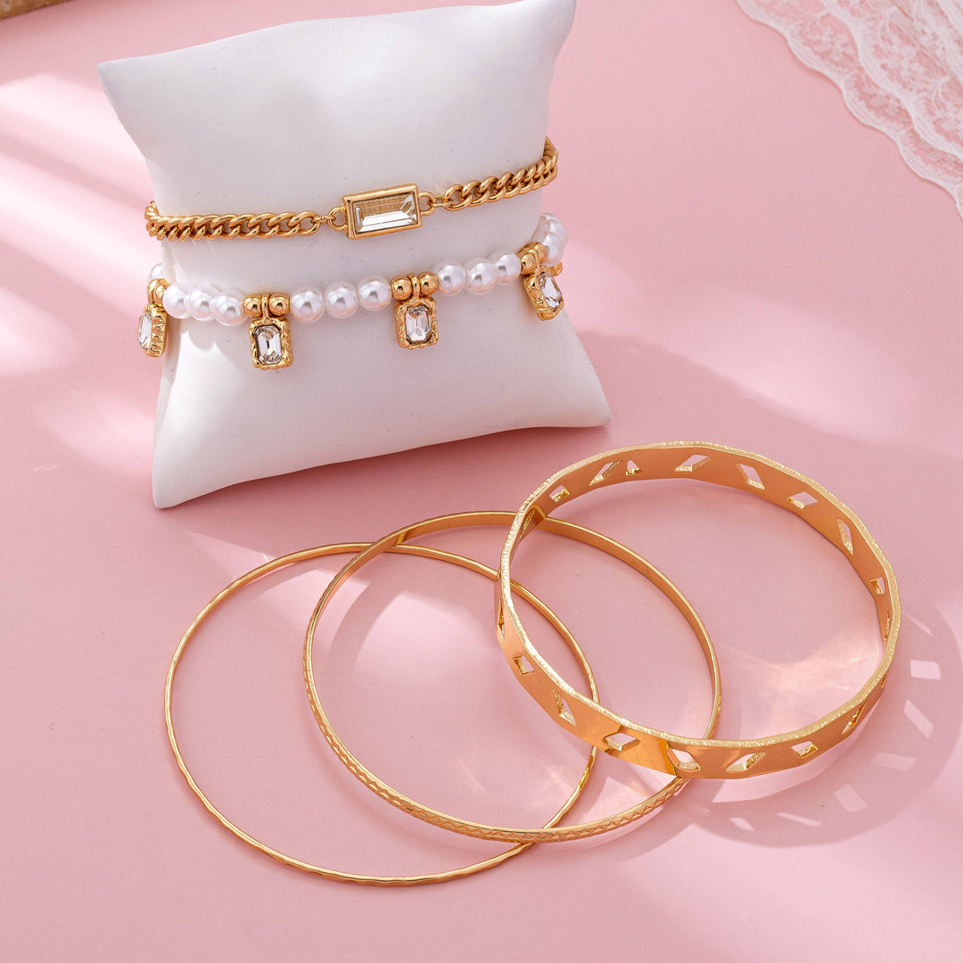 Gold Pearl &amp; Crystal Drop Layered Bracelet Set | 80B1618