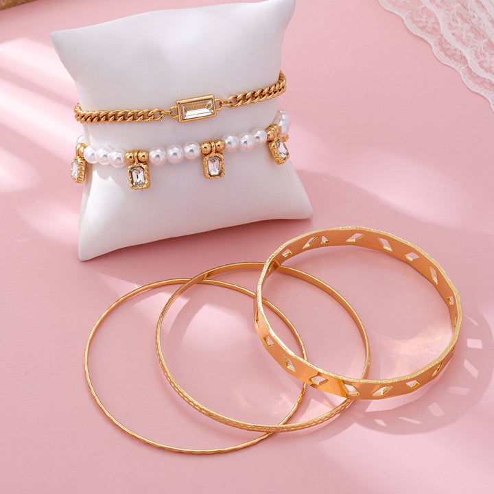 Gold Pearl &amp; Crystal Drop Layered Bracelet Set | 80B1618