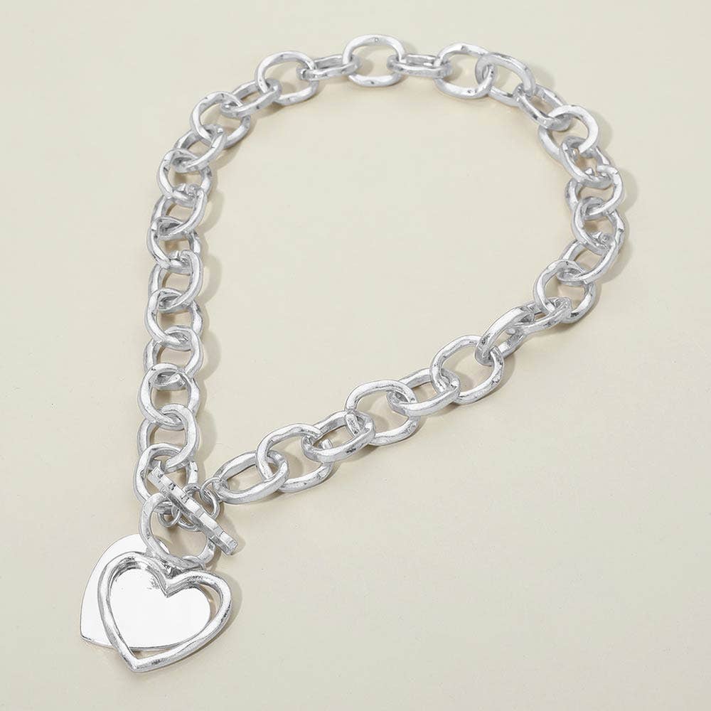 Hammered Layered Heart Pendant Chunky Chain Toggle Necklace