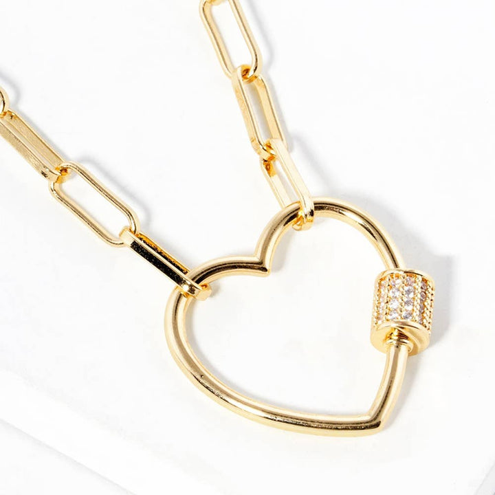 Gold Dipped CZ Open Heart Carabiner Pendant Chain Necklace