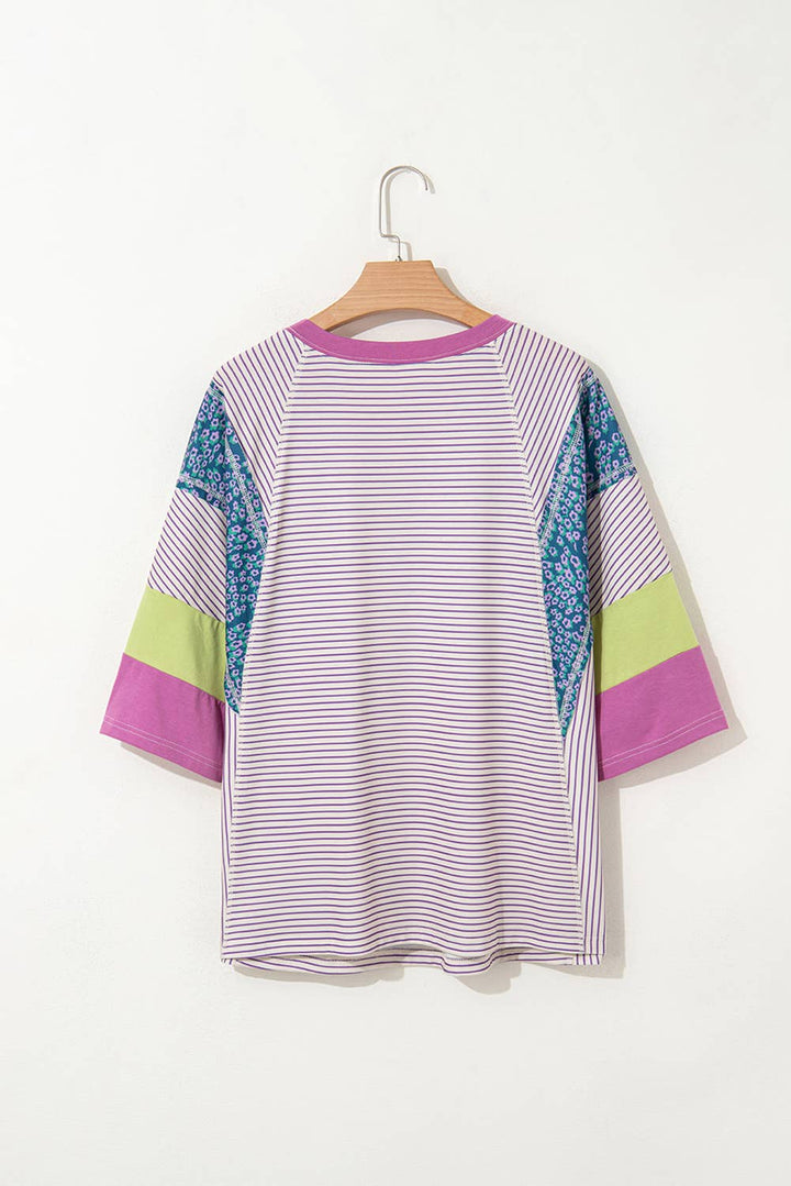 Stripe Floral Raw Edge Patchwork Bracelet Sleeve Top | S-XL