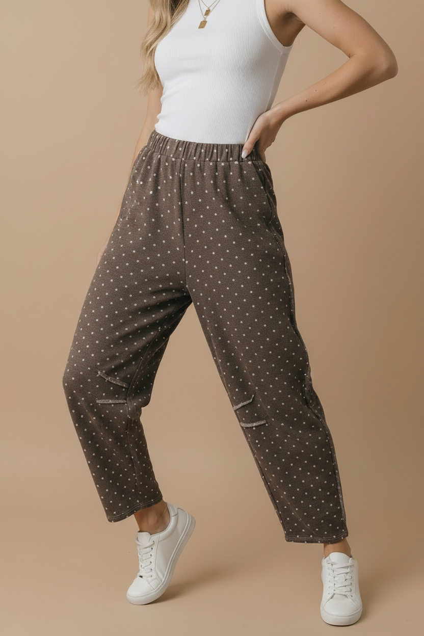 Mocha Polka Dot Barrel Pants | French Terry Elastic Waist Lounge Pants