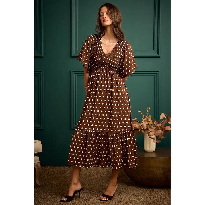 Brown Polka Dot Smocked Midi Dress | Flutter Sleeve Boutique Dress