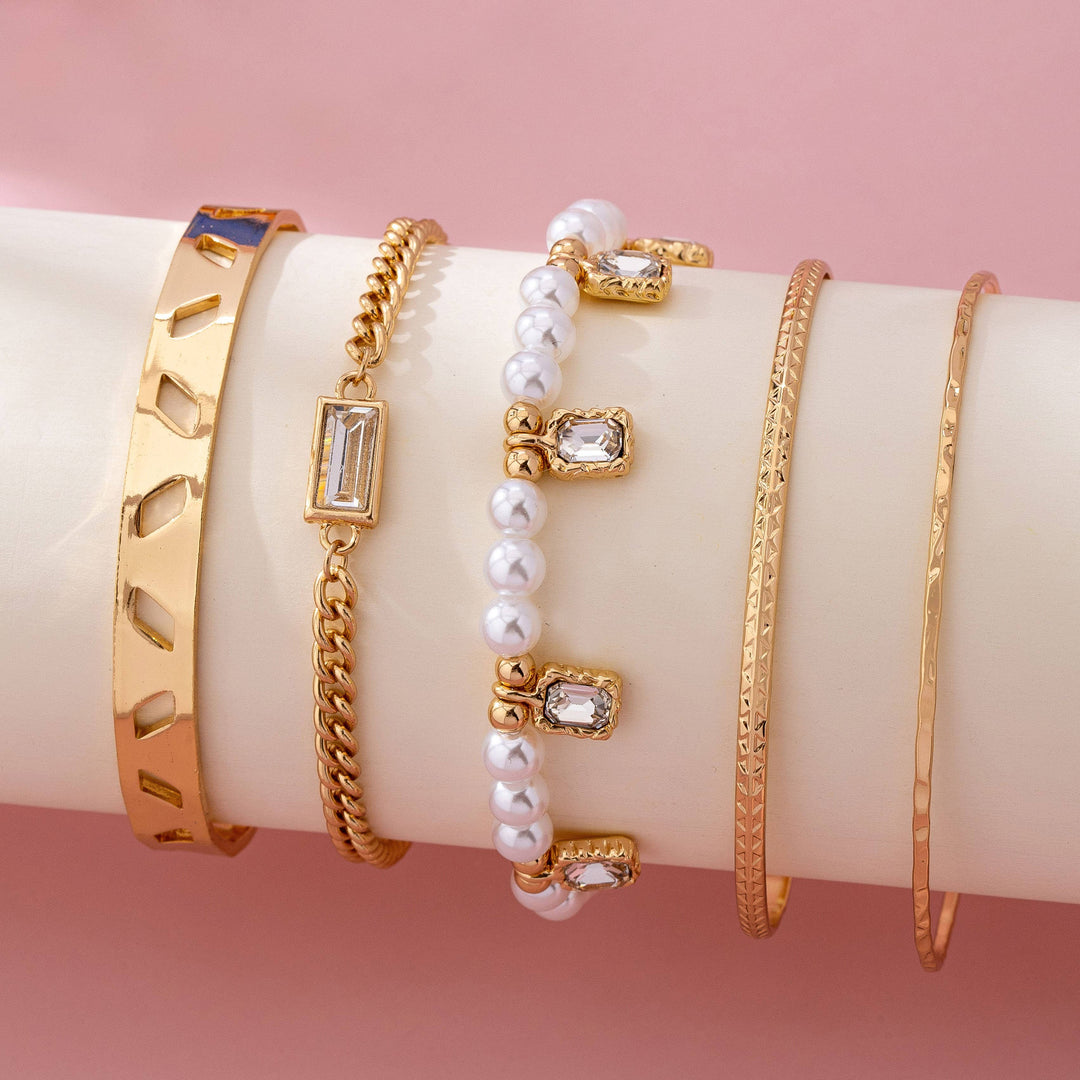 Gold Pearl &amp; Crystal Drop Layered Bracelet Set | 80B1618