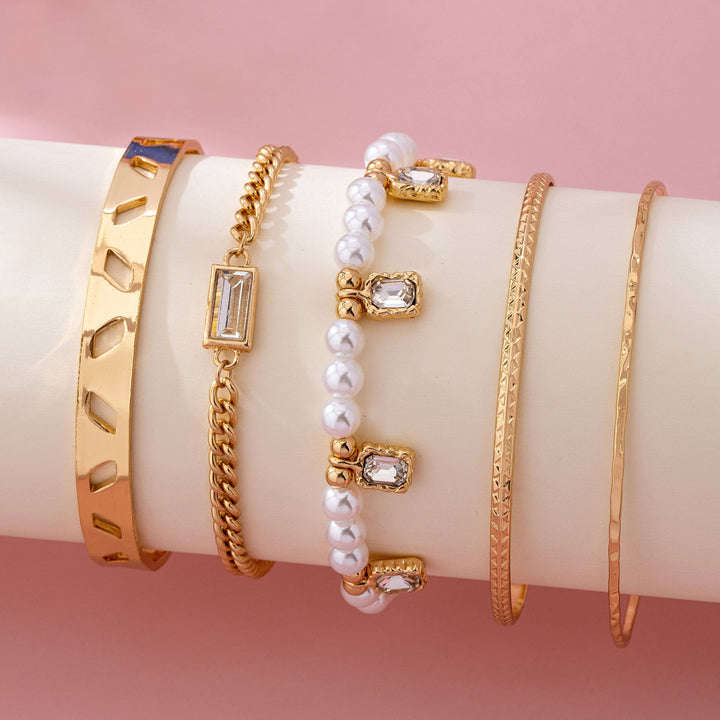 Gold Pearl &amp; Crystal Drop Layered Bracelet Set | 80B1618
