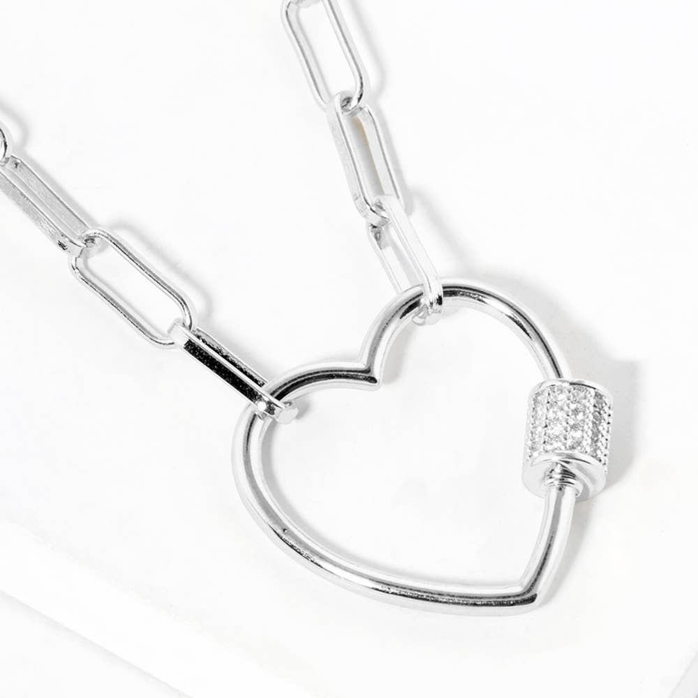 Gold Dipped CZ Open Heart Carabiner Pendant Chain Necklace
