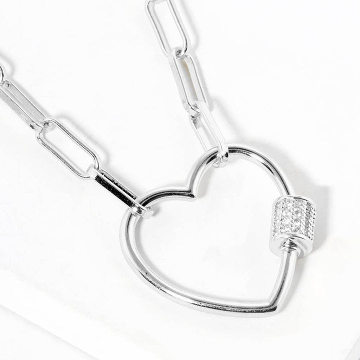 Gold Dipped CZ Open Heart Carabiner Pendant Chain Necklace