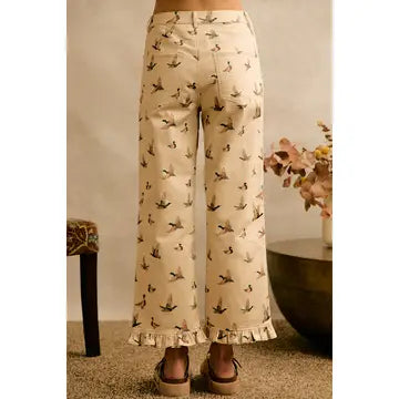 Mallard Duck Print Ruffle Hem Pants | Cream Cotton Boutique Pants