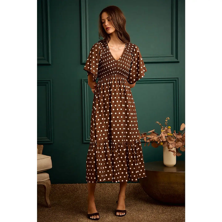 Brown Polka Dot Smocked Midi Dress | Flutter Sleeve Boutique Dress