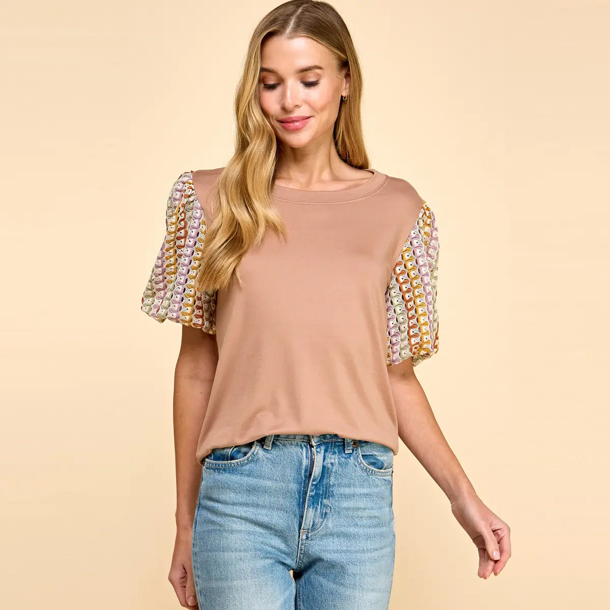Solid Top with Multi Fabric Short Sleeve