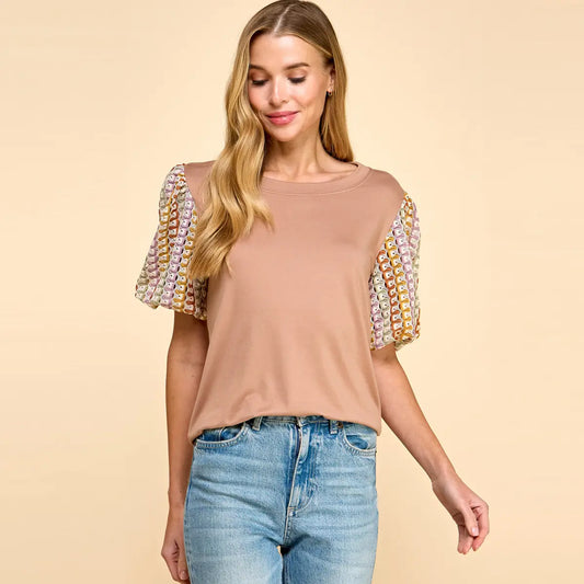 Solid Top with Multi Fabric Short Sleeve