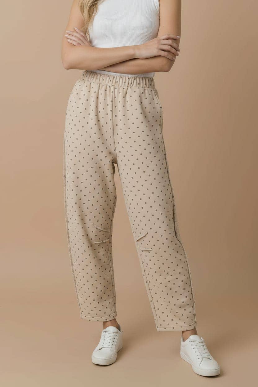 Mocha Polka Dot Barrel Pants | French Terry Elastic Waist Lounge Pants