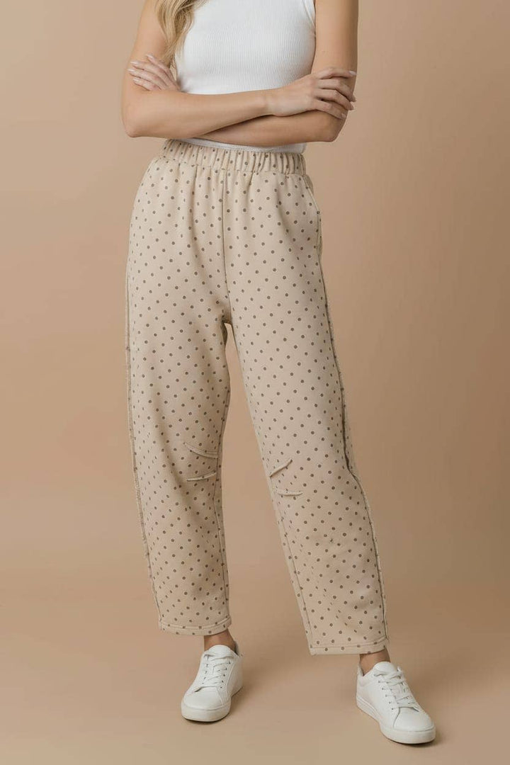 Mocha Polka Dot Barrel Pants | French Terry Elastic Waist Lounge Pants