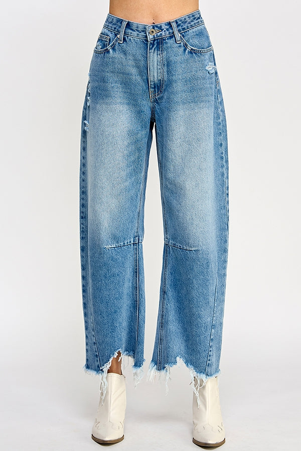 High Rise Distressed Barrel Jeans