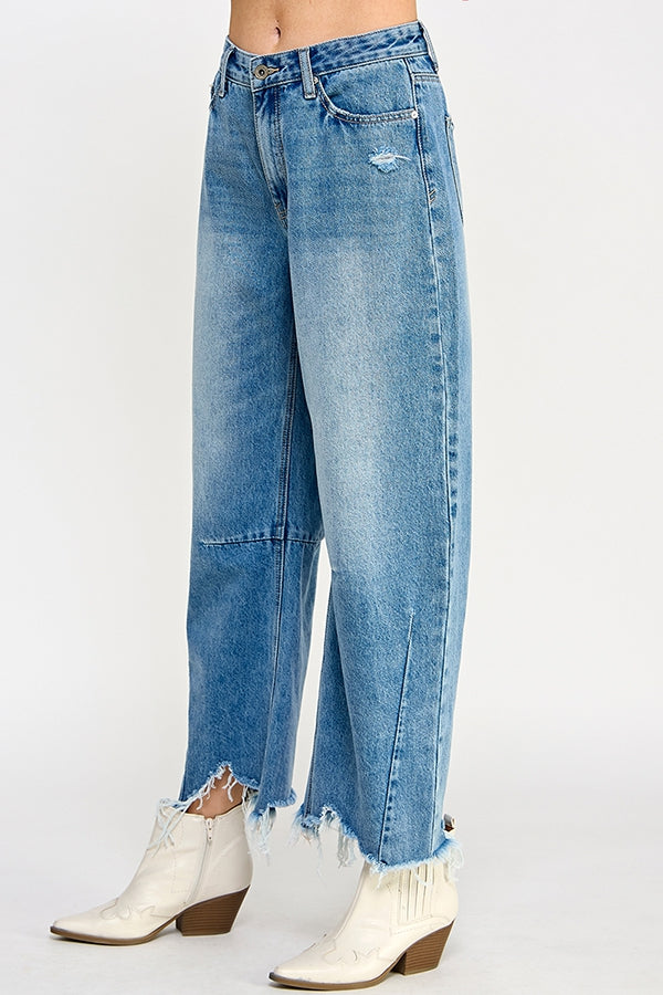 High Rise Distressed Barrel Jeans
