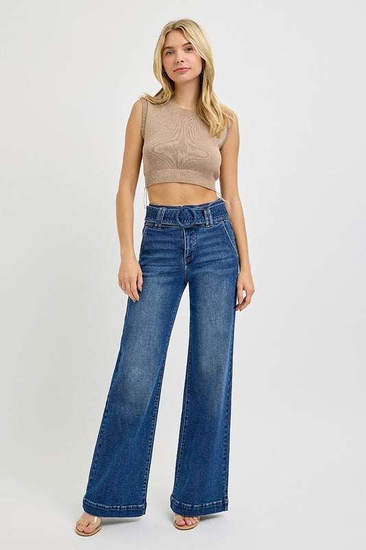 Tummy Control High Rise Wide Leg Self Belted Jean