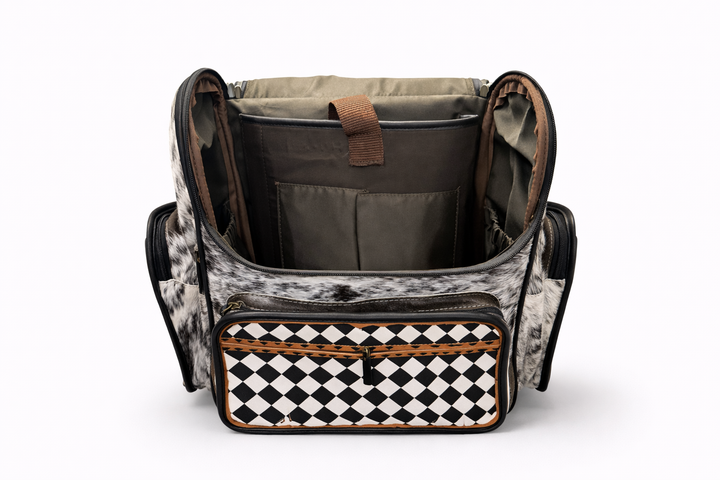 Open backpack interior with compartments and organizer pockets