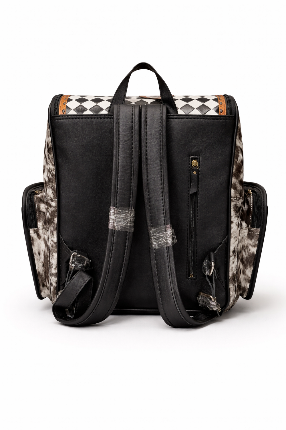 Black leather backpack back view with adjustable straps