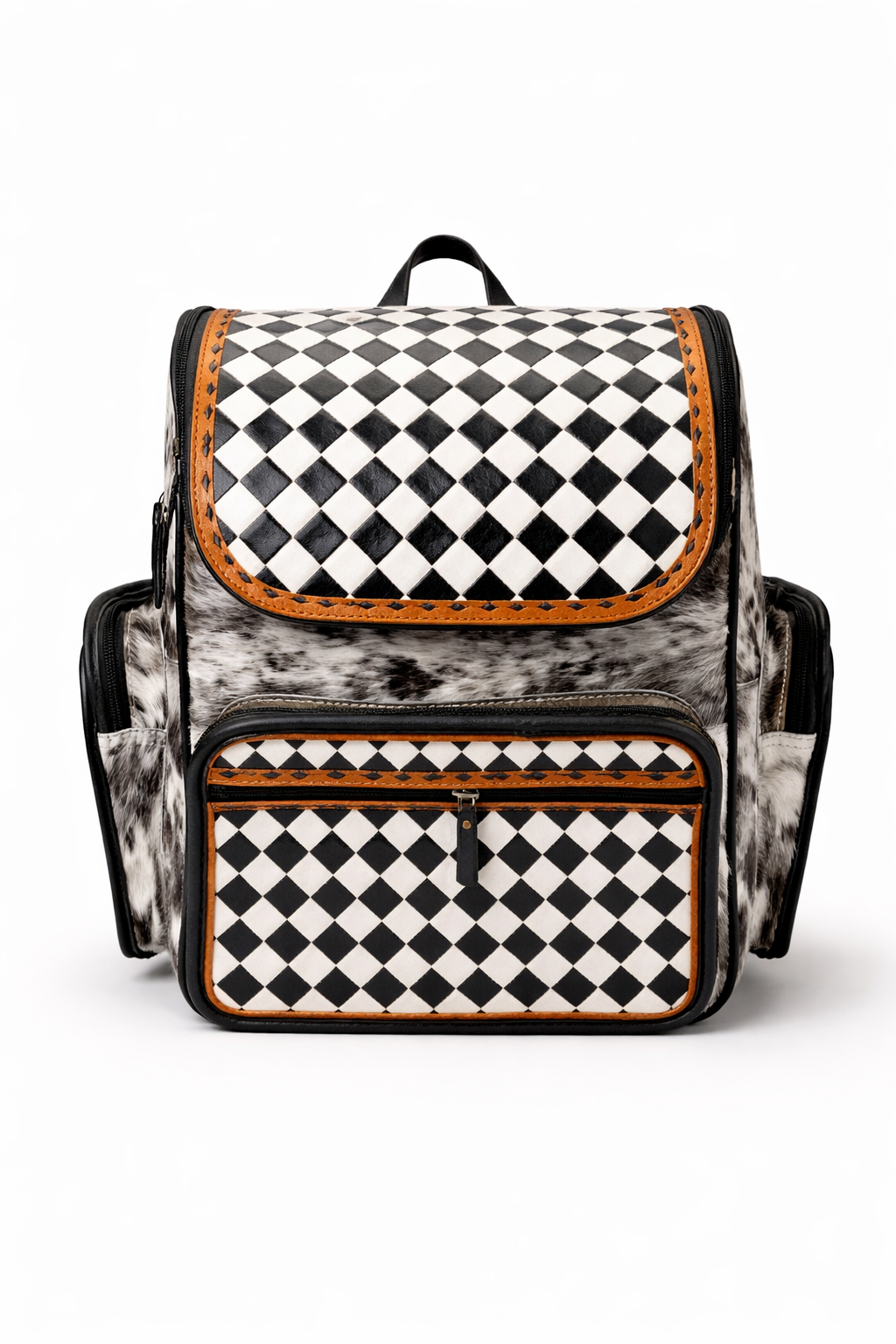 Black and white checkered cowhide backpack front view with zipper pocket