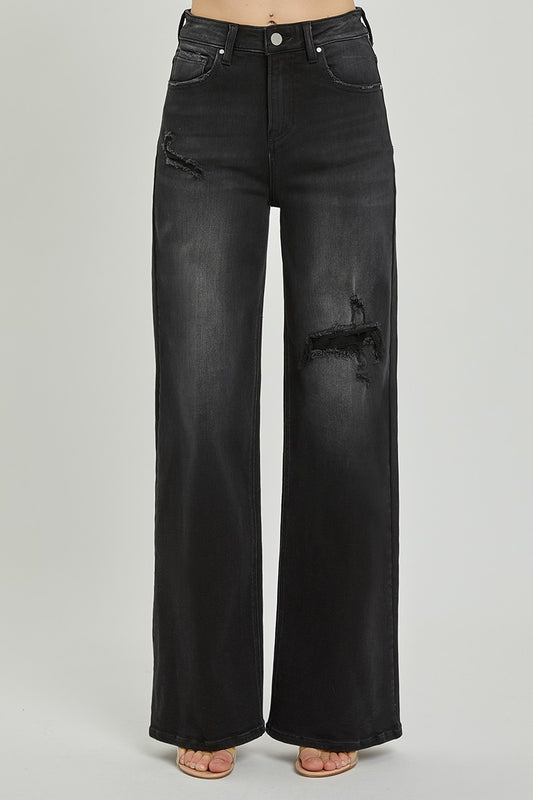 Black High Rise Wide Distressed Jeans