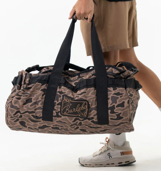 Burlebo Gauge Camo duffel bag with adjustable shoulder strap and spacious main zipper compartment