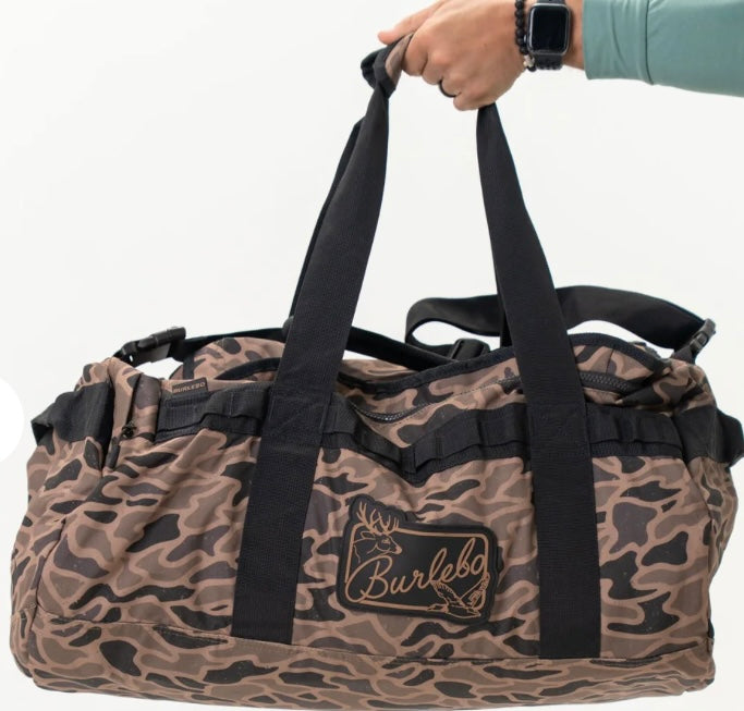 Burlebo Gauge Camo duffel bag with adjustable shoulder strap and spacious main zipper compartment