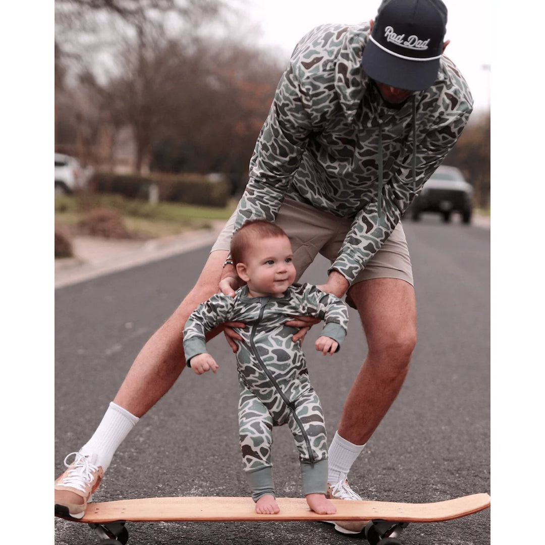 Burlebo baby zip up romper in Retro Camo with fold-over cuffs and full zipper front With Dad