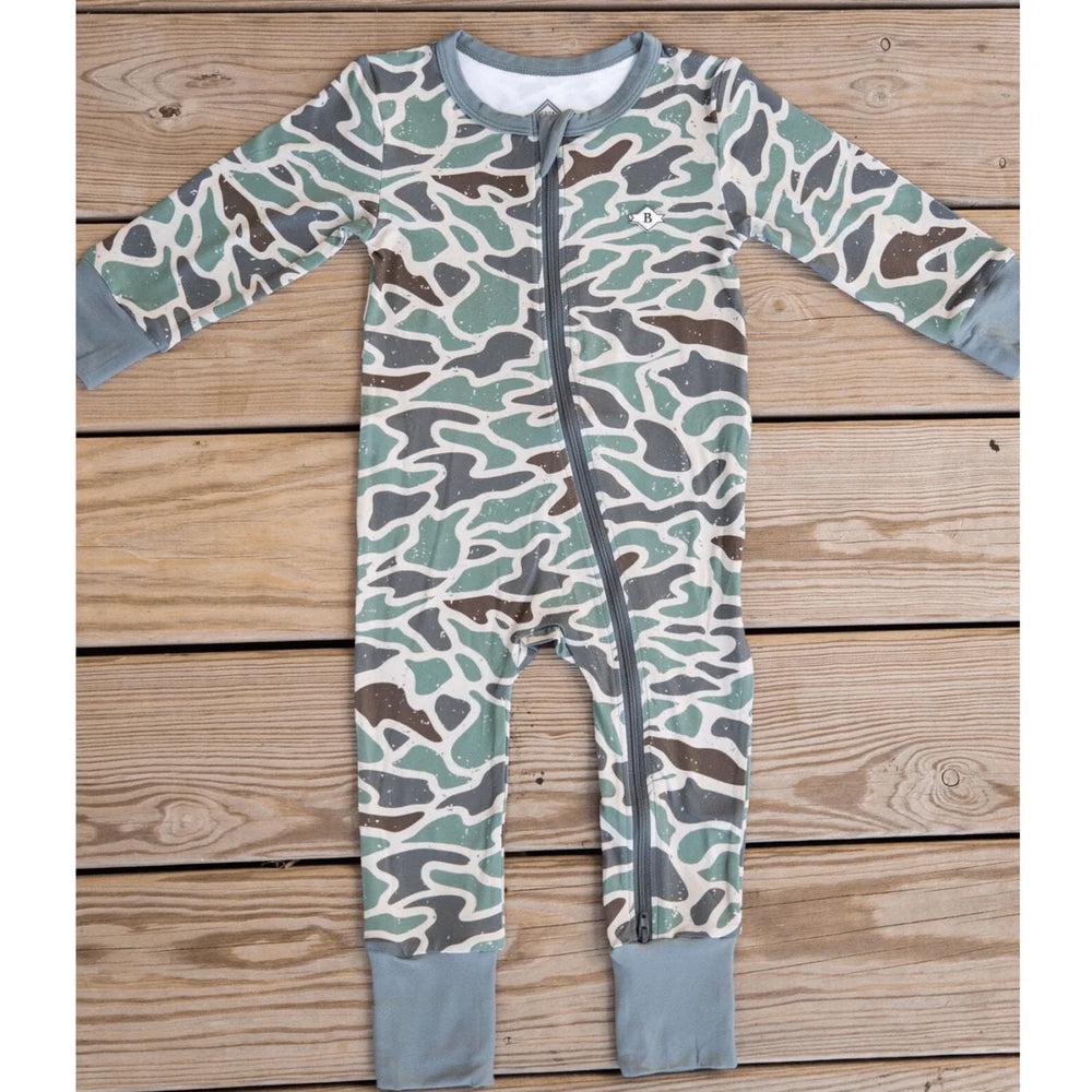 Burlebo baby zip up romper in Retro Camo with fold-over cuffs and full zipper front Full view