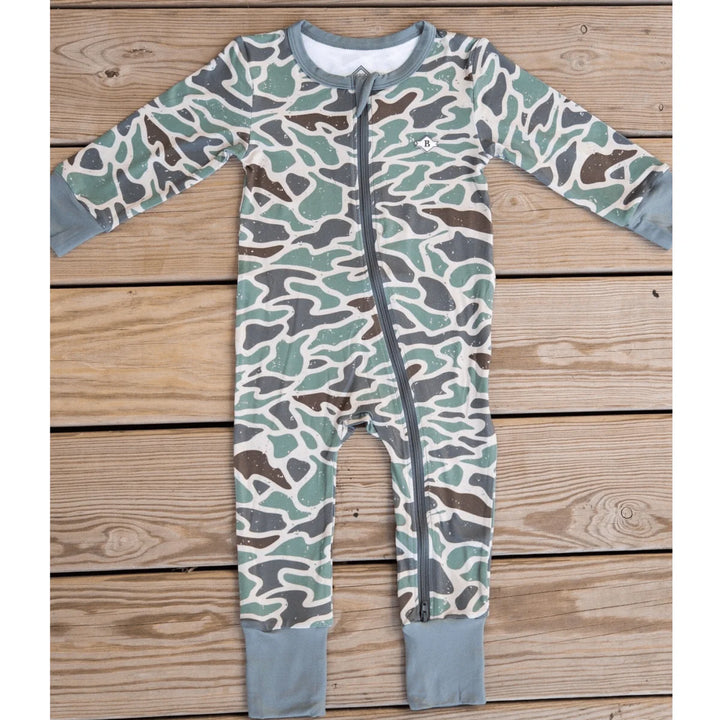 Burlebo baby zip up romper in Retro Camo with fold-over cuffs and full zipper front Full view