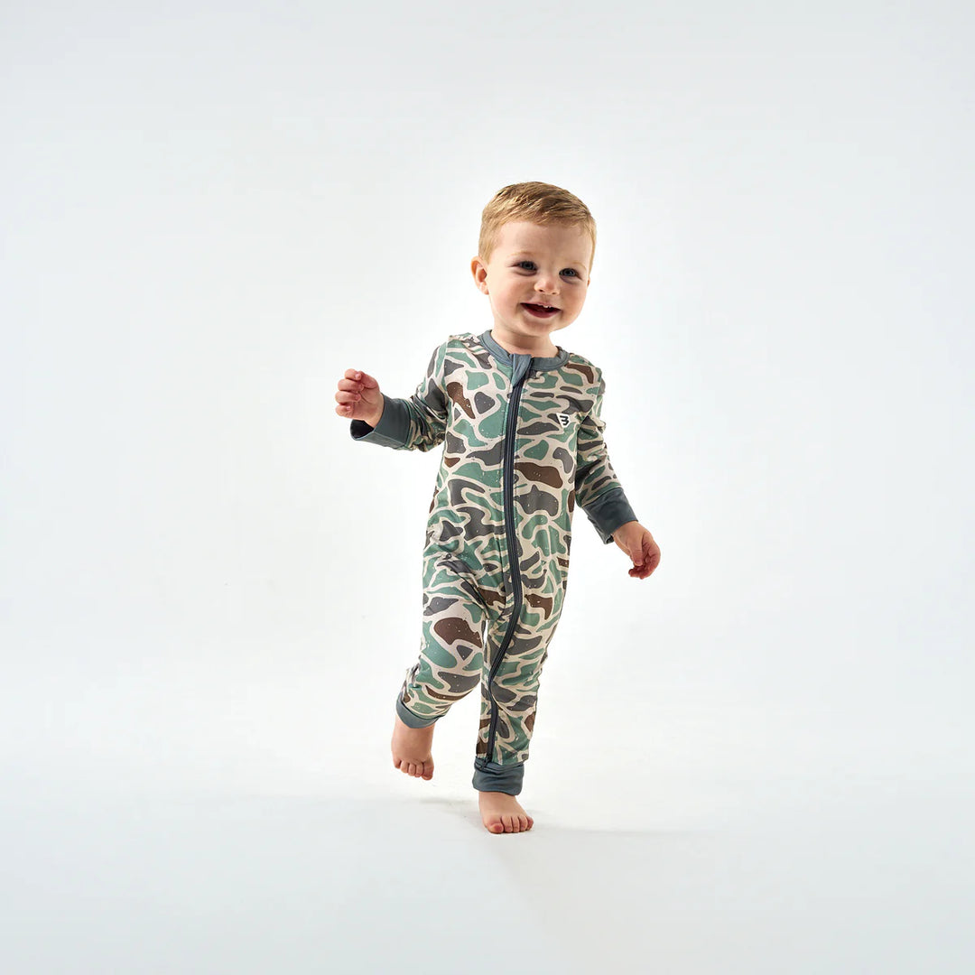 Burlebo baby zip up romper in Retro Camo with fold-over cuffs and full zipper front White background