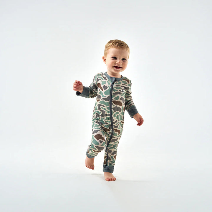 Burlebo baby zip up romper in Retro Camo with fold-over cuffs and full zipper front White background