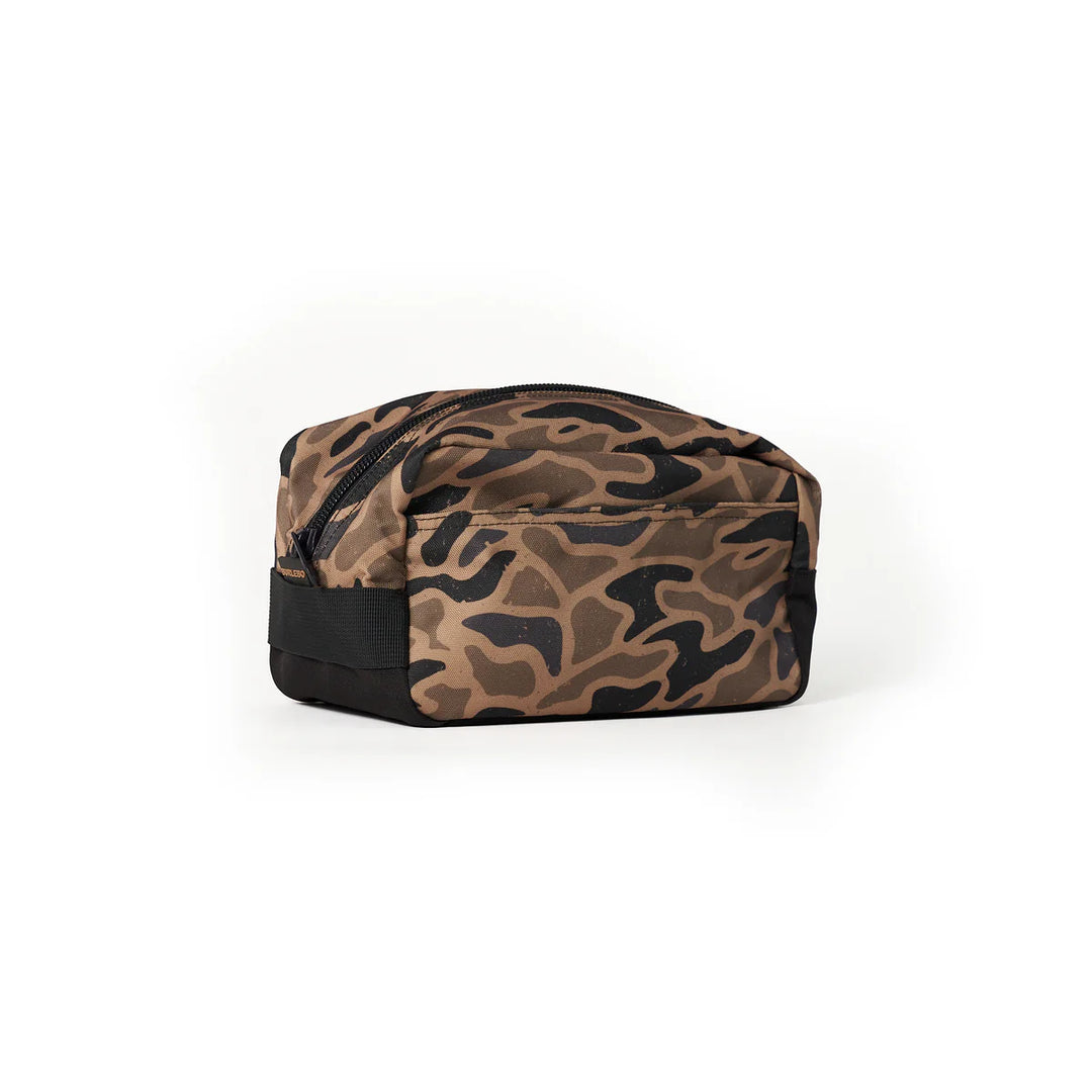 Burlebo camo dopp kit toiletry bag with black trim and zipper compartment Left side