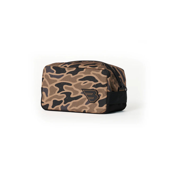 Burlebo camo dopp kit toiletry bag with black trim and zipper compartment side view