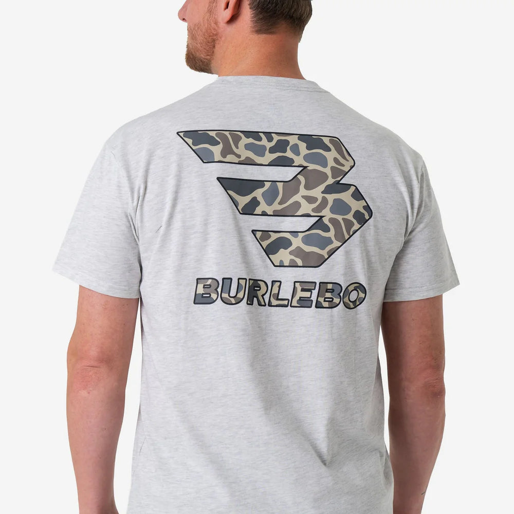 Burlebo Flying B Ashe Grey tee back view with large camo logo men’s graphic shirt