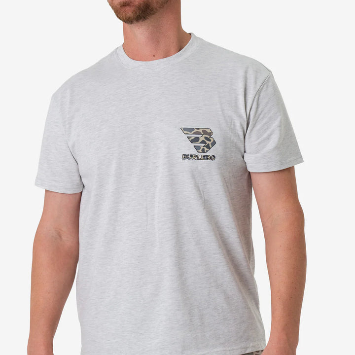 Burlebo Flying B Ashe Grey tee with camo logo men’s lightweight performance t shirt front view