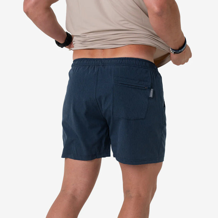 Burlebo athletic shorts back view with zipper pocket men’s navy workout shorts