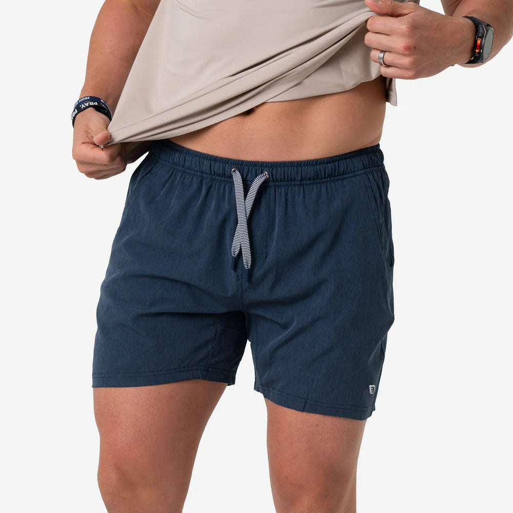 Burlebo heather navy athletic shorts men’s performance shorts front view with drawstring