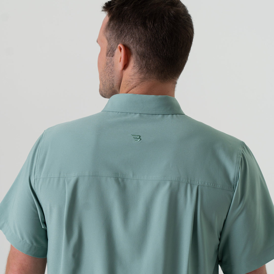 Burlebo sage button up shirt back view breathable men’s performance shirt