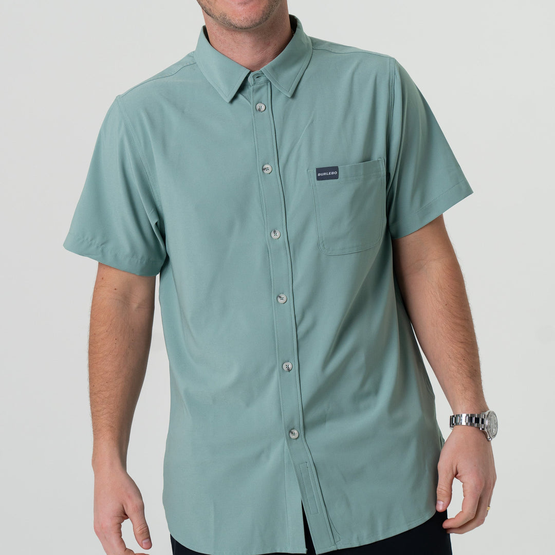 Burlebo sage performance button up shirt men’s lightweight stretch short sleeve button down front view