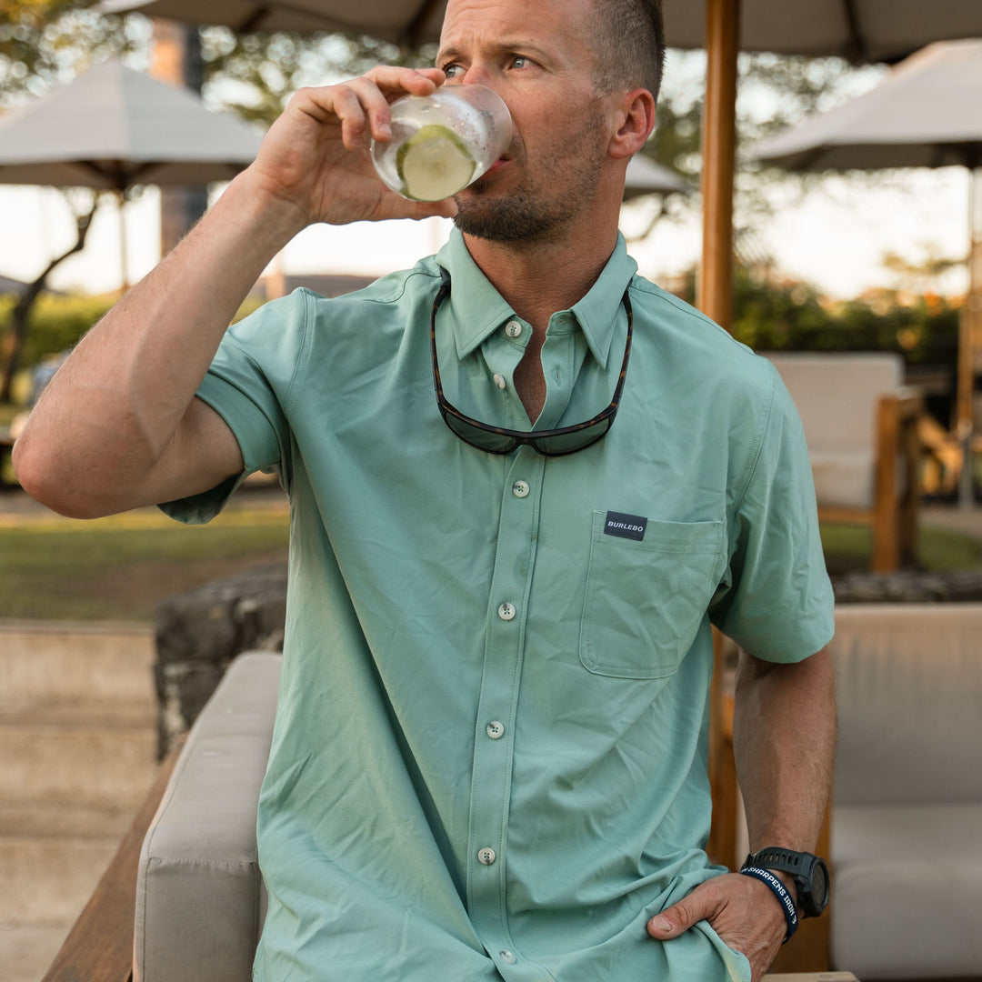 Burlebo sage performance button up styled outfit men’s summer casual look