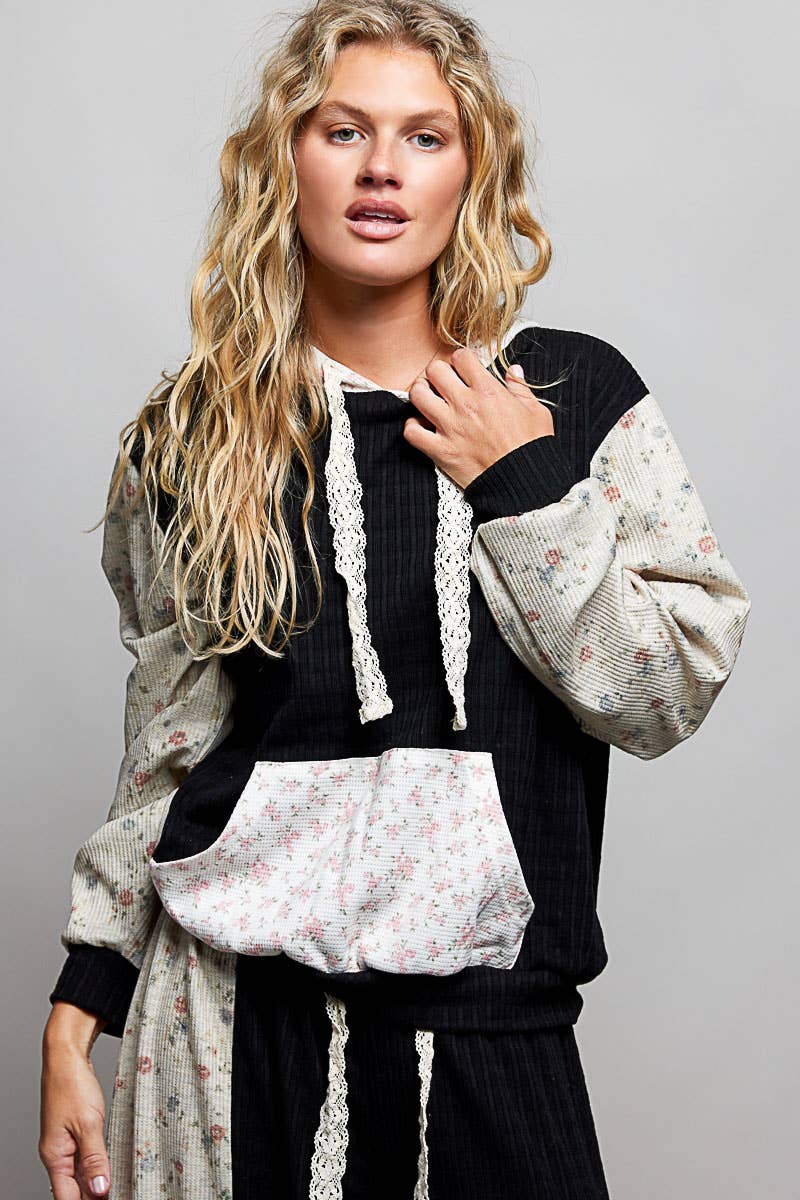 Boho Mixed Knit Contrast Sleeve Hooded Pulloverl