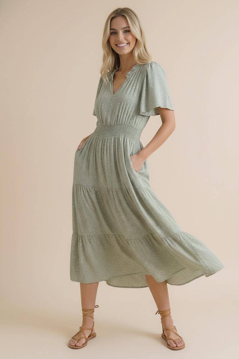 Sage Polka Dot Tiered Maxi Dress | Smocked Waist Flutter Sleeve Dress with Pockets