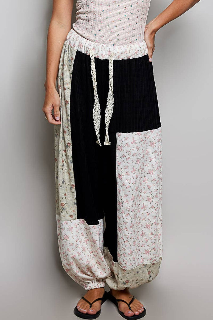 Boho Elastic Waistband Patchwork Knit Balloon Wide Leg Pants